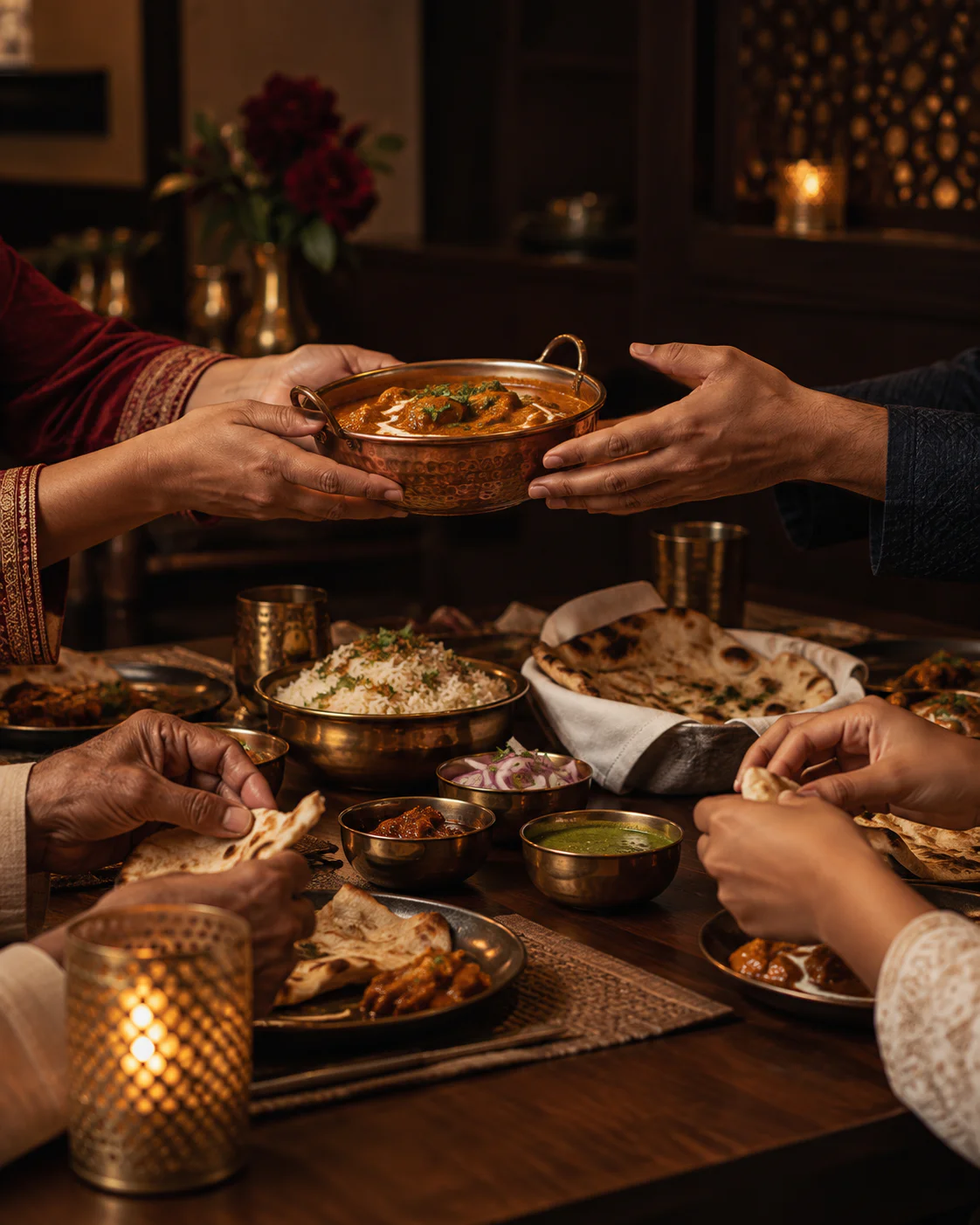 Hands sharing a warm Indian meal around the table
