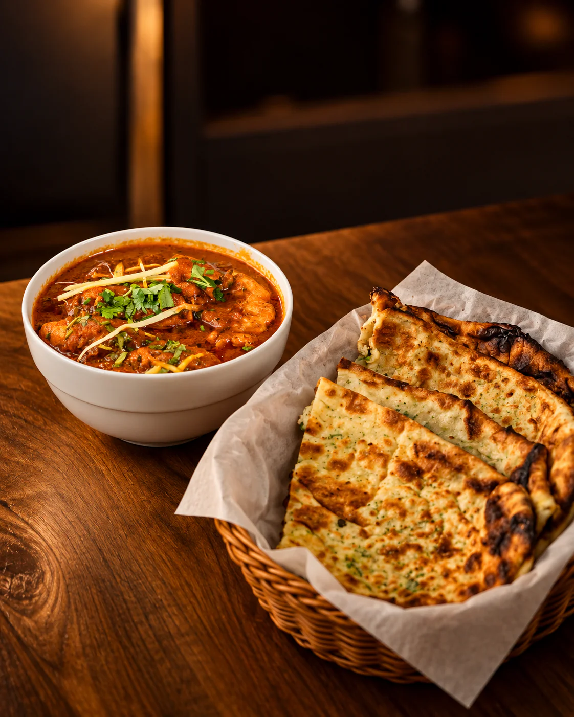 Warmly lit curry with a basket of fresh naan